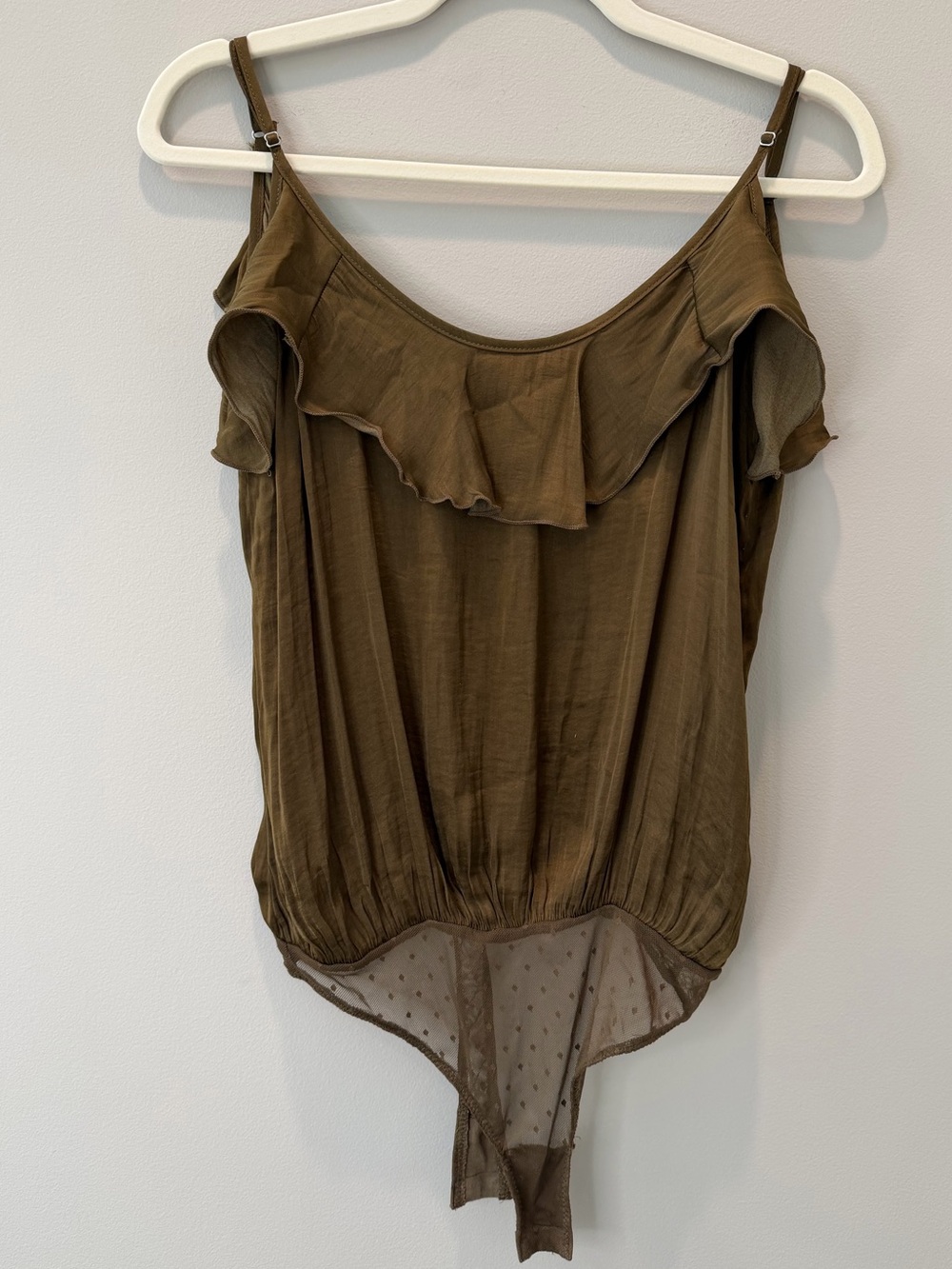 Free People Intimately Olive Brown Ruffle Sheer Swiss Dot Bodysuit